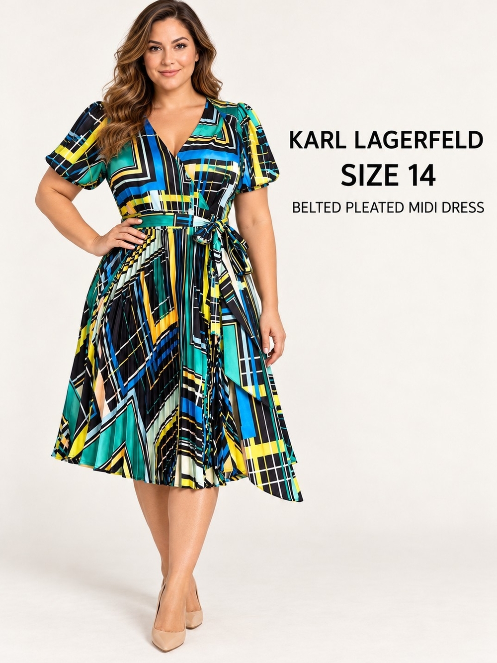 Karl Lagerfeld Blue Green Yellow Geometric Belted Pleated Midi Dress